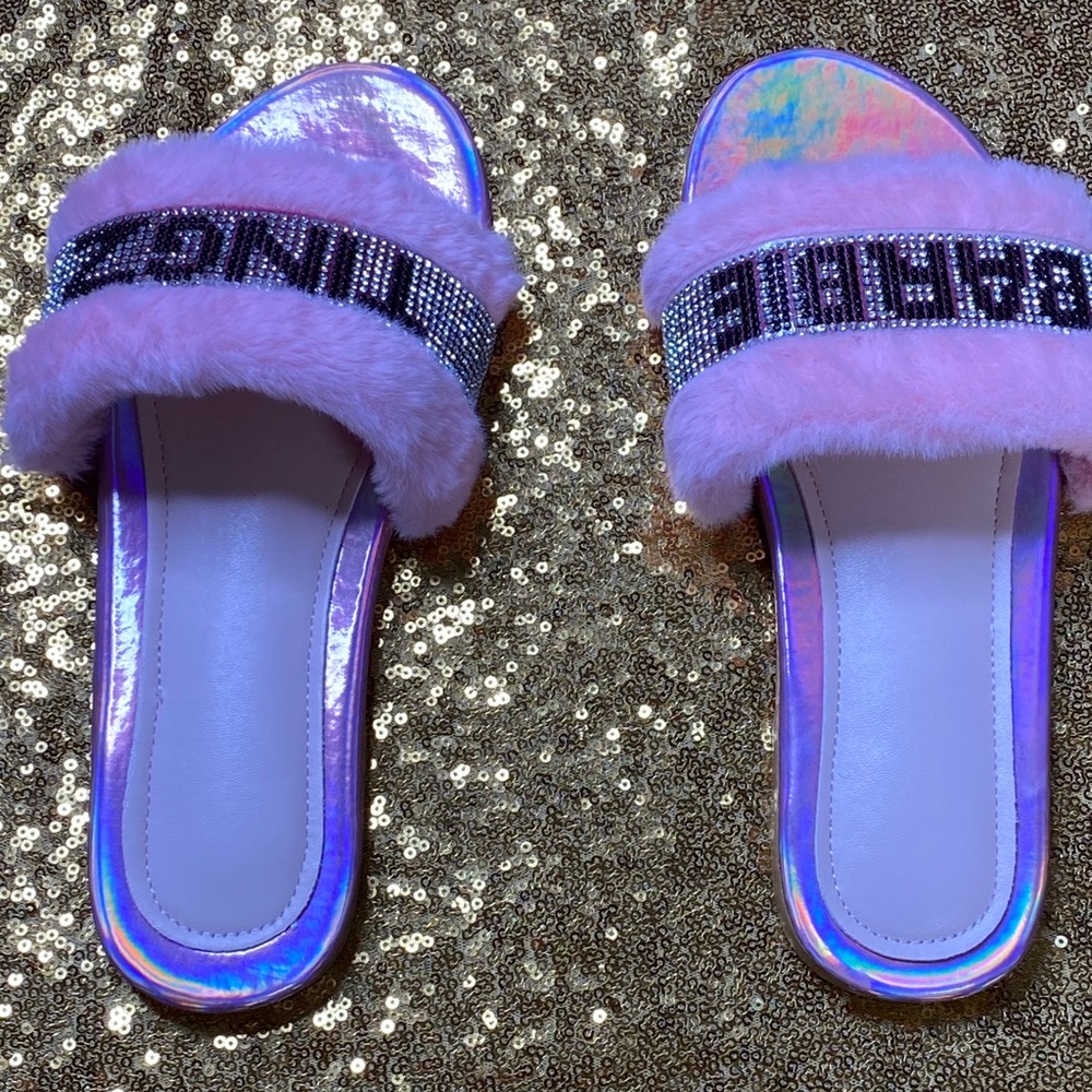 Pink Furry Bling Slippers